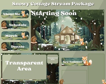 Animated Cozy Stream Overlay Package For Twitch, Snowy Winter Cottagecore Forest Stream Overlay Package with Fox & Squirrel