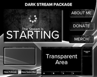 Dark Stream Overlay Package, Black Twitch Overlays, Black and White Stream Package, Screens, Panels, Alerts, Webcam Overlays