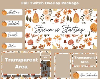 Cozy Fall Twitch Overlay Package, Orange Autumn Stream Scenes, Panels, Webcam Overlays, Chat Boxes, Banner and Alerts