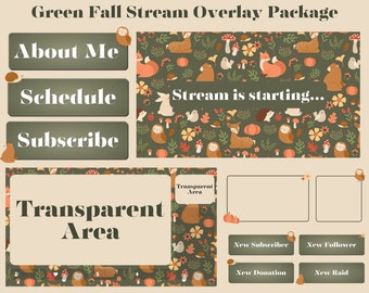 Cozy Green Autumn Twitch Overlay Package, Cute Fall Animated Stream Scenes, Panels, Webcam Overlays, Chat Boxes, Banner and Alerts