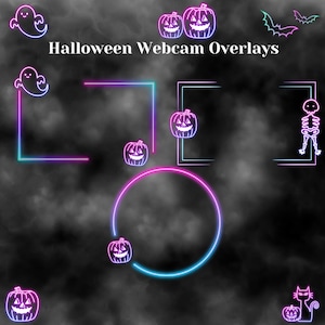 Può includere: Sovraposizioni per webcam di Halloween con cornici al neon rosa, blu e verde. Le cornici hanno la forma di un cerchio, un quadrato e un rettangolo. Ci sono immagini di zucche, fantasmi, pipistrelli e uno scheletro. Il testo "Halloween Webcam Overlays" è in bianco nella parte superiore dell'immagine.