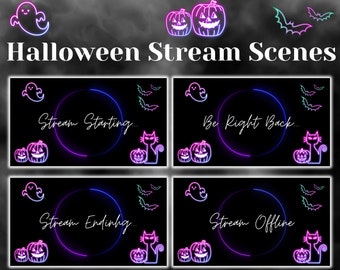 Animated Cozy Neon Halloween Stream Scenes, Cute Ghost, Pumpkin and Cat Screens, Stream Starting, Stream Ending, Be Right Back and Offline