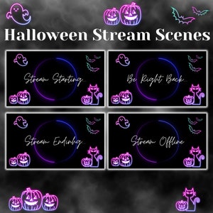 Animated Cozy Neon Halloween Stream Scenes, Cute Ghost, Pumpkin and Cat Screens, Stream Starting, Stream Ending, Be Right Back and Offline