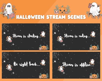 Animated Halloween Stream Scenes with Ghosts and Pumpkins, Starting Soon, Be Right Back, Ending Soon and Offline Screens