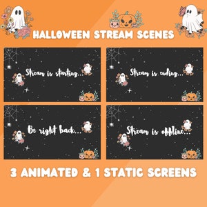 Scene animate in streaming di Halloween con fantasmi e zucche, Inizia presto, Torno subito, Fine presto e Schermi offline