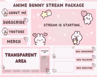 Pink Anime Bunny Twitch Overlay Package, scènes de flux Lofi animées, superpositions pastel, alertes, boîtes de discussion, superpositions de webcam, bannière et panneaux