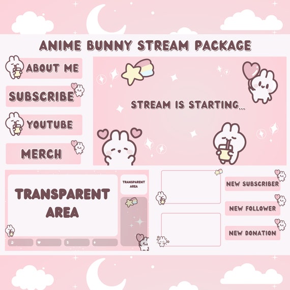 Pink Anime Bunny Twitch Overlay Package, Animated Lofi Stream Scenes, Pastel Overlays, Alerts, Chat Boxes, Webcam Overlays, Banner & Panels