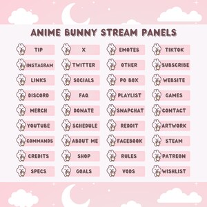 May include: A set of 24 pink and white buttons with cartoon bunny illustrations. Each button has a different text label, such as "Tip", "Emotes", "Instagram", "Twitter", "Links", "Socials", "Discord", "FAQ", "Merch", "Donate", "YouTube", "Schedule", "Commands", "About Me", "Credits", "Shop", "Specs", "Goals", "TikTok", "Other", "Subscribe", "PO Box", "Website", "Playlist", "Games", "Snapchat", "Contact", "Reddit", "Artwork", "Facebook", "Steam", "Rules", "Patreon", "Vods", and "Wishlist".