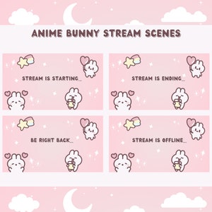 May include: Four pink and white animated bunny stream scenes with text overlays. The scenes include "Stream is starting...", "Stream is ending...", "Be right back...", and "Stream is offline..."