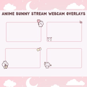 May include: Four pink frames with cute bunny illustrations. Each frame has a different bunny with a heart, stars, a butterfly, and a drink. The frames are on a pink background with clouds and stars.