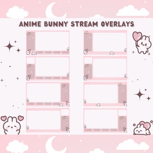 May include: A set of eight pink and white stream overlays featuring a cartoon bunny with a heart balloon. The overlays are designed for use on Twitch or YouTube.