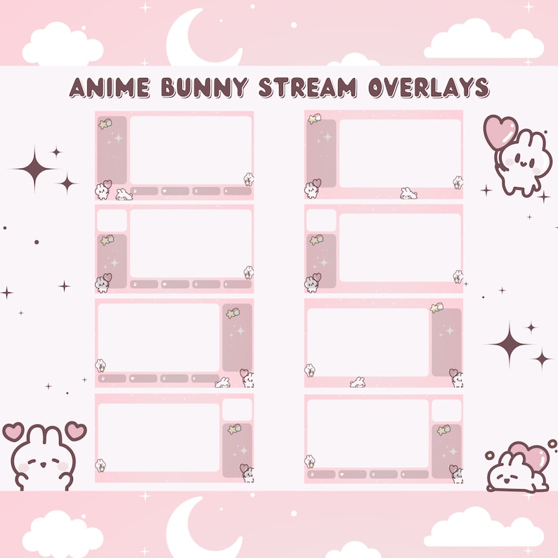 May include: A set of eight pink and white stream overlays featuring a cartoon bunny with a heart balloon. The overlays are designed for use on Twitch or YouTube.