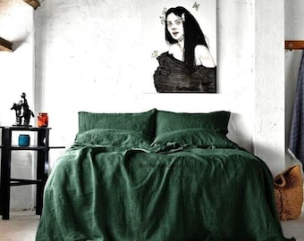 Forest Green Linen Duvet Cover Bedding Boho Comforter Set Duvet Twin King Queen All Size 2 Pillow Cover Green Bedding Cover Gift For Mom