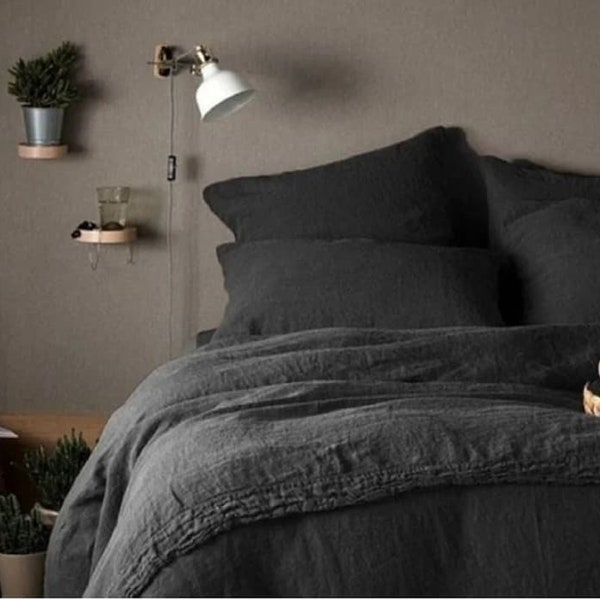 Linen Charcoal Black  Duvet Cover  Bedding Comforter Set  Cover All Size Twin Full 2 Pillow Cover Charcoal Bedding Cover Gift For Her