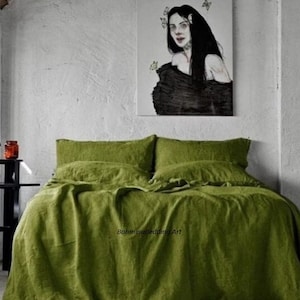 Olive Green Linen Duvet Cover Set: Boho Style Bedding