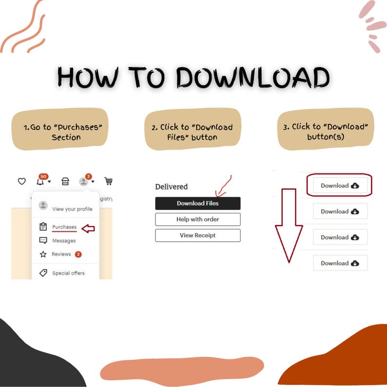 How to download SVG PNG digital files on Etsy after purchase, instant access guide for digital products