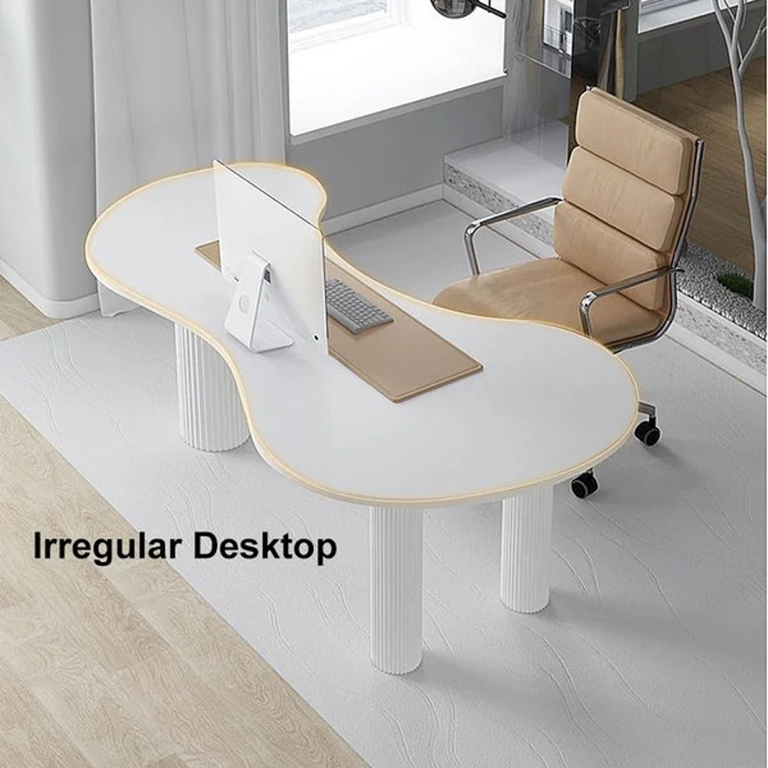 55.1 Japandi White Curved Desk Home Office Pedestal Desk Etsy