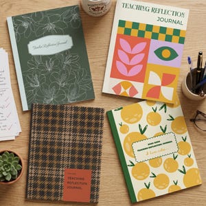 May include: Four journals with different designs are arranged on a wooden surface. One journal has a floral pattern, another features a geometric design, and a third has an orange fruit pattern. A mug, pens, and a small plant are also visible.