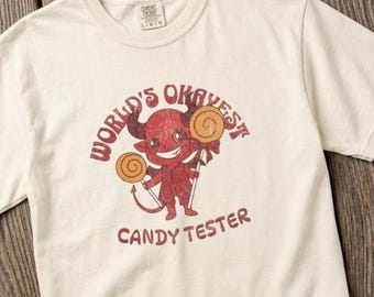 Funny Halloween T-Shirt, Cute Devil Graphic Tee, Halloween Candy Lover Shirt, Trick or Treat Shirt, Retro Halloween Tee
