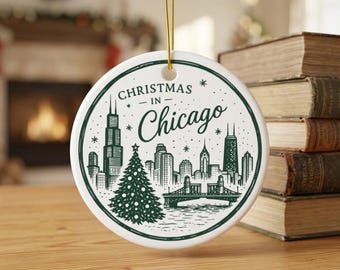 Personalized Christmas in Chicago Ornament | Custom Vacation Ornament | Double-Sided Ceramic Christmas Keepsake | Family Name Souvenir Gift