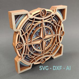 May include: A wooden compass with a layered design, featuring a blue and brown color scheme. The compass points north, south, east, and west. The text "SVG - DXF - AI" is visible at the bottom of the image.