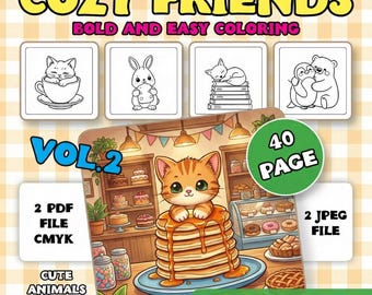 Cozy Friends Vol 2: Bold and Easy Coloring Book, 40 Animal Activity Pages, Preschool Toddler, Instant Digital Download PDF