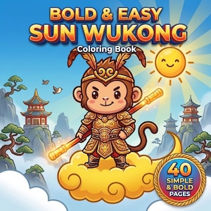 Djärv och enkel Sun Wukong målarbok, 40 enkla Apkungen målarbilder för stresslindring, 8,5x11 utskrivbar PDF digital nedladdning