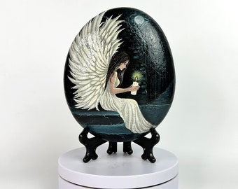 Pebble Painting Angel Under the Moonlight| Painted Rocks| Angel Art| Gifts| Unique Gifts| Home Decoration| Housewarming Gifts| Gifts for Mom