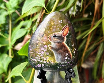 Rabbit and Butterfly in the Flower Forest Rock Painting | Nature Art | Hand Painted Rocks | Home Decoration | Unique Gifts| Art Gifts