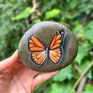 Puede incluir: Una piedra pintada con un diseño de mariposa monarca. La mariposa es naranja con vetas negras y manchas blancas. La piedra es de color marrón claro.