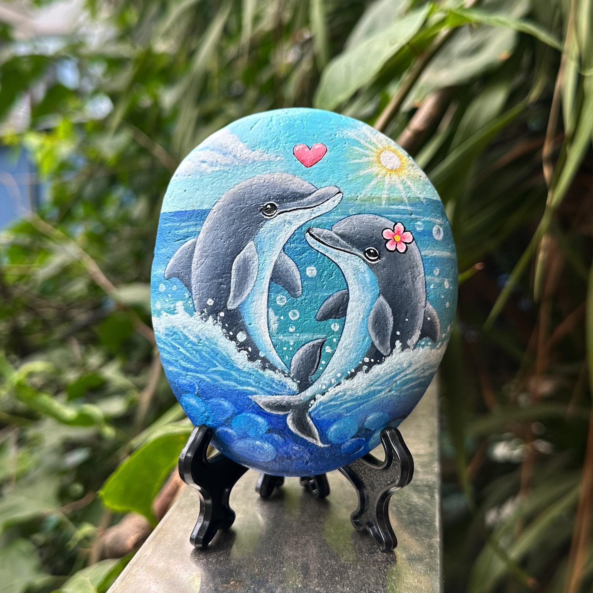 Hand Painted Dolphin Couple Stone, Ocean Decor Art, Gifts for Animal ...