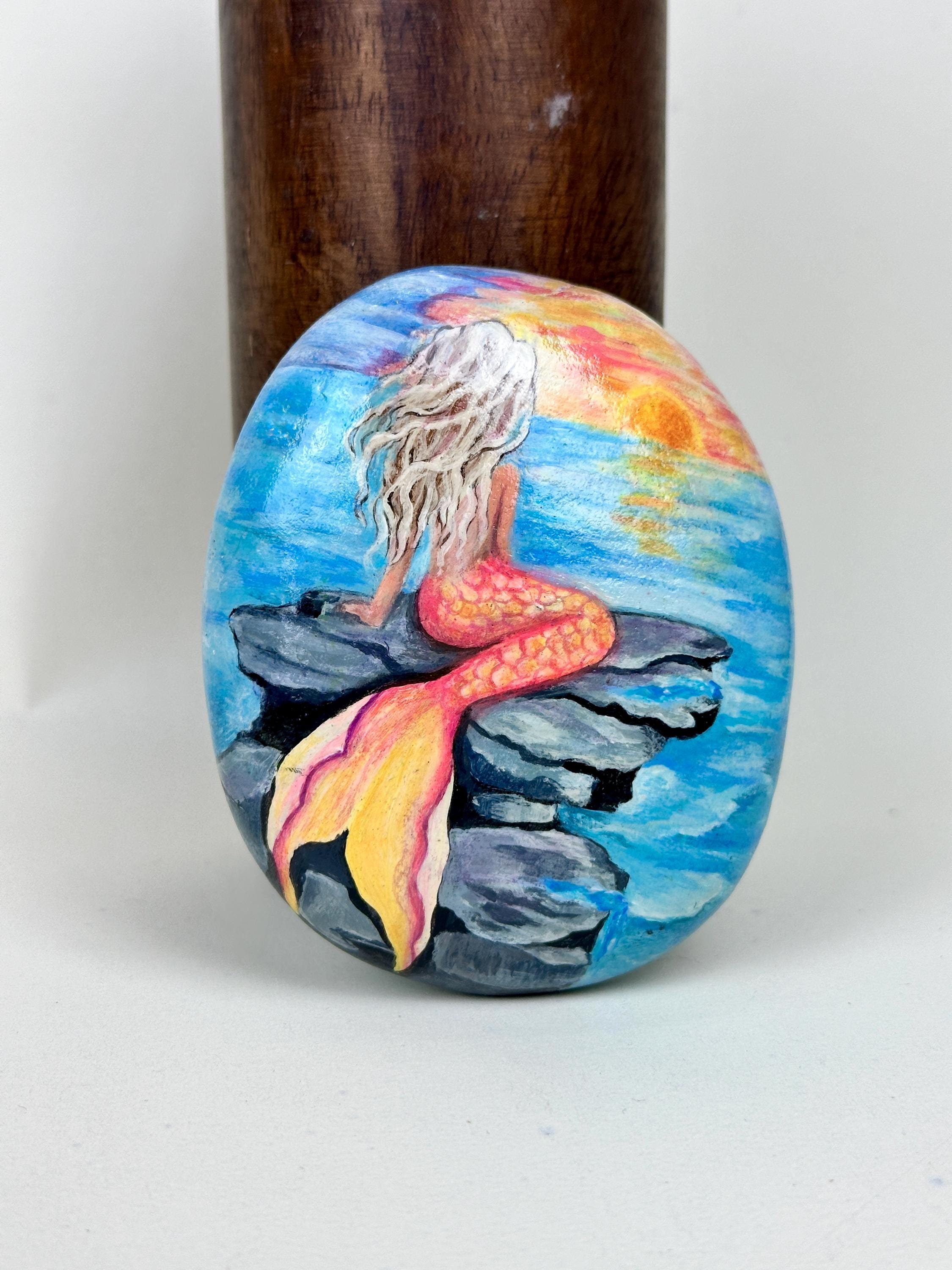 Hand Painted Mermaid Rock, Ocean Sunset Art Stone, Beach Gift for Mermaid Lover, Personalized Handcrafted Coastal Decor, Handcrafted Decor