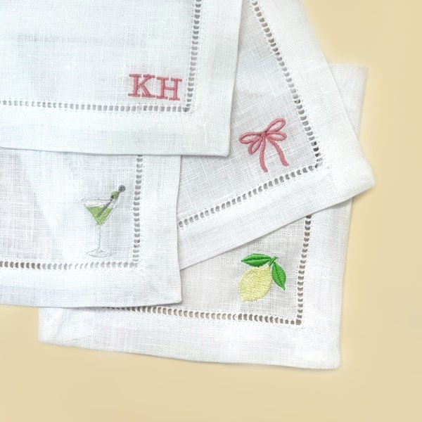 Personalized Embroidered Linen Cocktail Napkins with your choice of icons