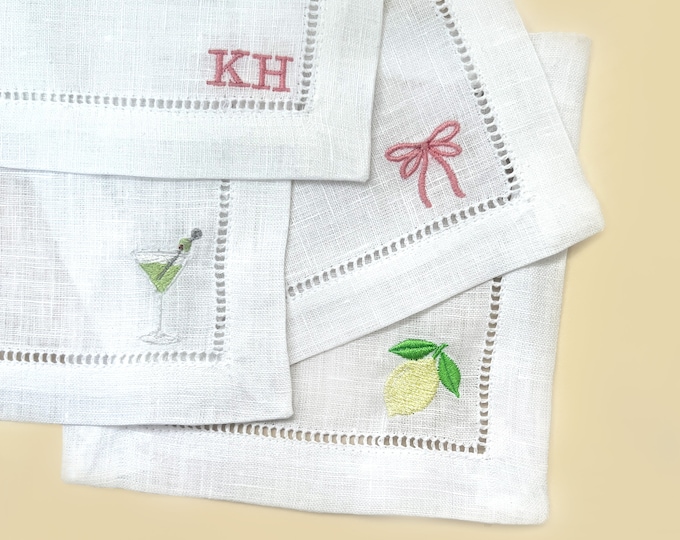 Personalized Embroidered Linen Cocktail Napkins with your choice of icons