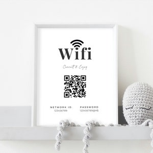 May include: A printable WiFi sign with a black and white QR code, the words "Wifi Connect & Enjoy", and the network ID and password. The sign is framed and sitting on a shelf with a gray crocheted octopus.