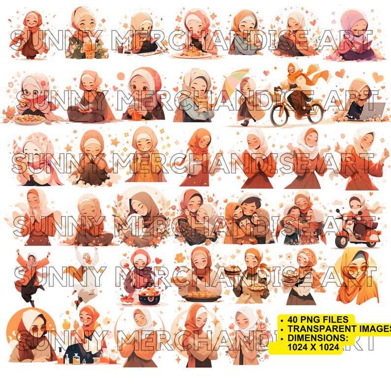 Set of 40 Muslim Hijabi Cartoon Girl | Orange | Hijabi Girl Clipart PNG ...
