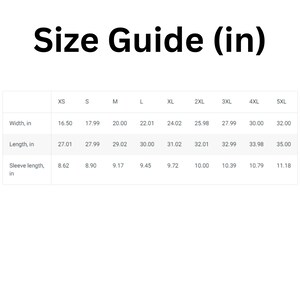 May include: Size guide for clothing in inches. The chart shows measurements for width, length, and sleeve length for sizes XS through 5XL.