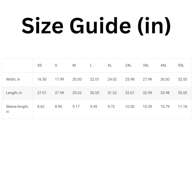 May include: Size guide for clothing in inches. The chart shows measurements for width, length, and sleeve length for sizes XS through 5XL.