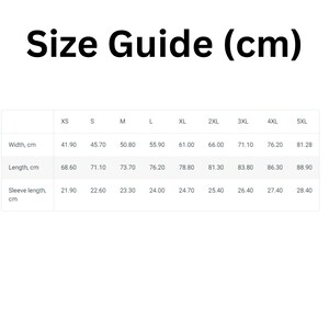May include: Size guide chart in centimeters for clothing. The chart shows measurements for width, length, and sleeve length for sizes XS through 5XL.