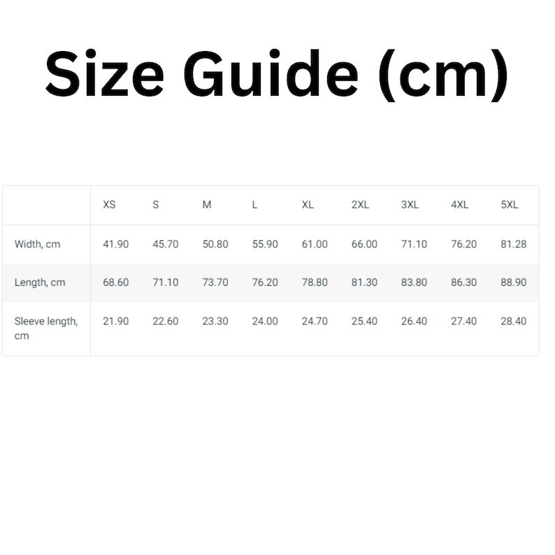 May include: Size guide chart in centimeters for clothing. The chart shows measurements for width, length, and sleeve length for sizes XS through 5XL.