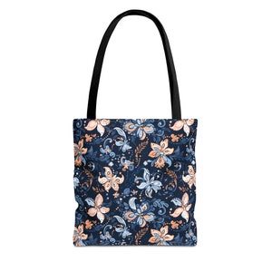 White & Blue Flowers Batik-Inspired Tote Bag (All Over Print); Batik Tote Bag, Batik Art, Batik Bag, Batik Print, Batik Motifs, Gift Ideas