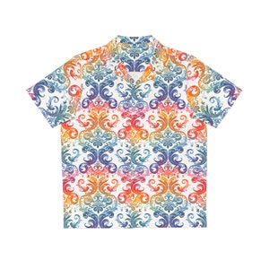 Rainbow-White Batik Motifs Hawaiian Shirt, All Over Print, Batik Inspired Shirt, batik t-shirt, mens batik shirt, summer shirt