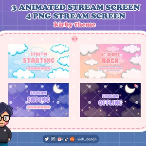 以下が含まれることがあります： カービィをテーマにしたアニメーションストリーム画面オーバーレイ4つ。画面には、雲のある青い空、雲のあるピンクの空、星と月のある紫色の夜空、星と月のある濃い青色の夜空が含まれています。画面のテキストは、「Stream Starting」、「Be Right Back」、「Stream Ending」、「Stream Offline」です。