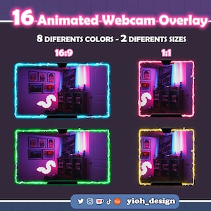 Puede incluir: Una ilustración digital de 16 superposiciones de webcam animadas en 8 colores diferentes y 2 tamaños diferentes. Las superposiciones están en una relación de aspecto de 16:9 y 1:1. El texto "16-Animated-Webcam-Overlay" está en la parte superior de la imagen. El texto "8 DIFERENTS COLORS - 2 DIFERENTS SIZES" está debajo del primer texto. El texto "16:9" está encima de la primera superposición y el texto "1:1" está encima de la segunda superposición. El texto "yioh_design" está en la parte inferior de la imagen.