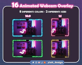 Puede incluir: Una ilustración digital de 16 superposiciones de webcam animadas en 8 colores diferentes y 2 tamaños diferentes. Las superposiciones están en una relación de aspecto de 16:9 y 1:1. El texto "16-Animated-Webcam-Overlay" está en la parte superior de la imagen. El texto "8 DIFERENTS COLORS - 2 DIFERENTS SIZES" está debajo del primer texto. El texto "16:9" está encima de la primera superposición y el texto "1:1" está encima de la segunda superposición. El texto "yioh_design" está en la parte inferior de la imagen.