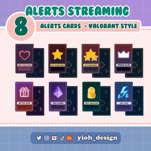 May include: Eight Valorant-style alert cards for streaming. The cards feature different icons for new follower, gifted sub, new subscriber, prime sub, new cheer, new donation, and new raid.
