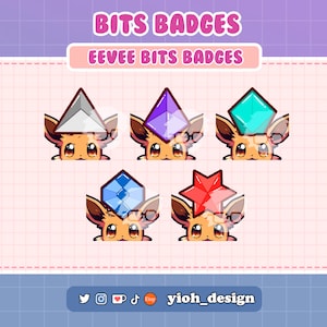 May include: Five different colored Eevee Bits Badges. The badges are shaped like a star, a diamond, and a triangle. The Eevee is peeking out from behind the badges.