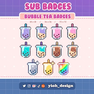 Puede incluir: Nueve insignias de té de burbujas en pixel art de diferentes colores y tamaños. Las insignias están dispuestas en tres filas de tres. La fila superior es de 18 x 18 píxeles, la fila del medio es de 36 x 36 píxeles y la fila inferior es de 72 x 72 píxeles. Las insignias son todas de estilo de dibujos animados y presentan una taza de té de burbujas con una pajita y perlas de tapioca.