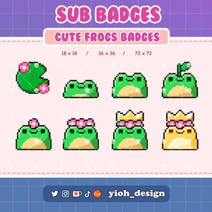 Puede incluir: Un conjunto de insignias de ranas de pixel art en varios tamaños, incluyendo 18x18, 36x36 y 72x72 píxeles. Las insignias presentan ranas lindas con diferentes accesorios, como flores, coronas y un nenúfar.