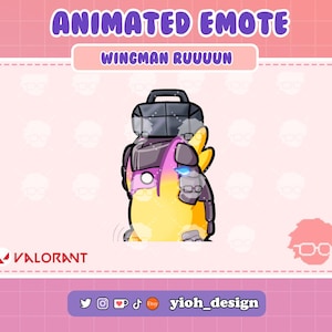 Puede incluir: Emoticono animado para el videojuego Valorant. Un personaje amarillo con un casco rosa y una maleta negra en la cabeza. El personaje lleva un traje negro y gris. El texto "WINGMAN RUuuuUN" está por encima del personaje. El texto "VALORANT" está en la esquina inferior izquierda de la imagen. El texto "yioh_design" está en la esquina inferior derecha de la imagen.